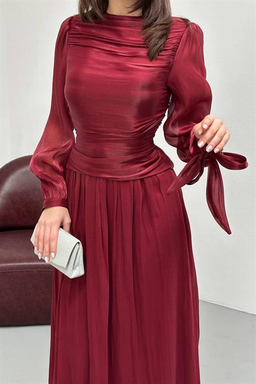 Toptan Bordo Büzgü Detaylı Manşeti Kuşaklı Elbise