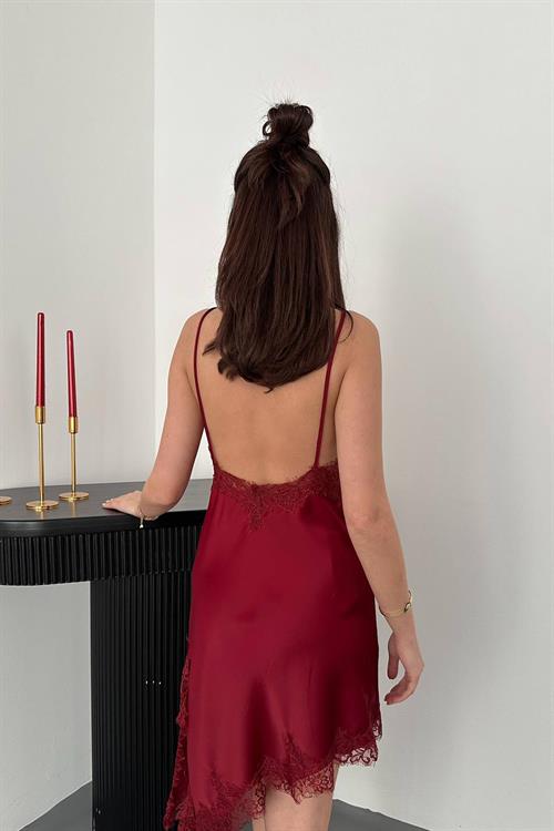 Wholesale Burgundy Satin Dress with Lace Trim