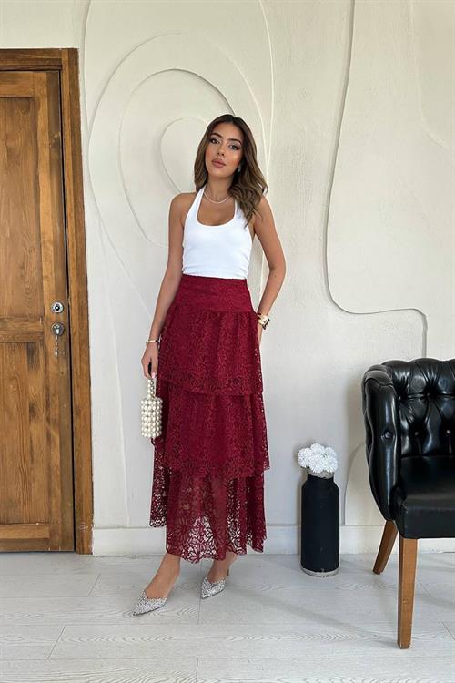 Wholesale Burgundy Layered Lace Skirt