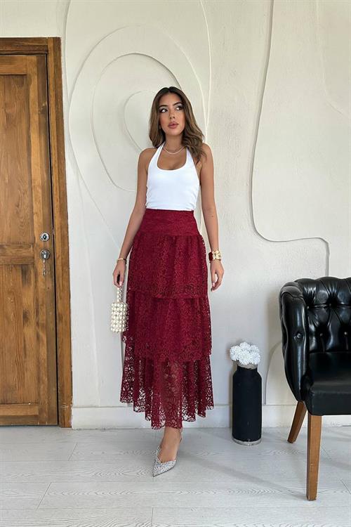 Wholesale Burgundy Layered Lace Skirt
