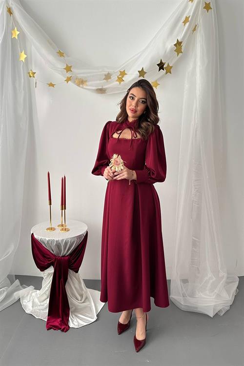 Wholesale Burgundy Dress with Lace Trim