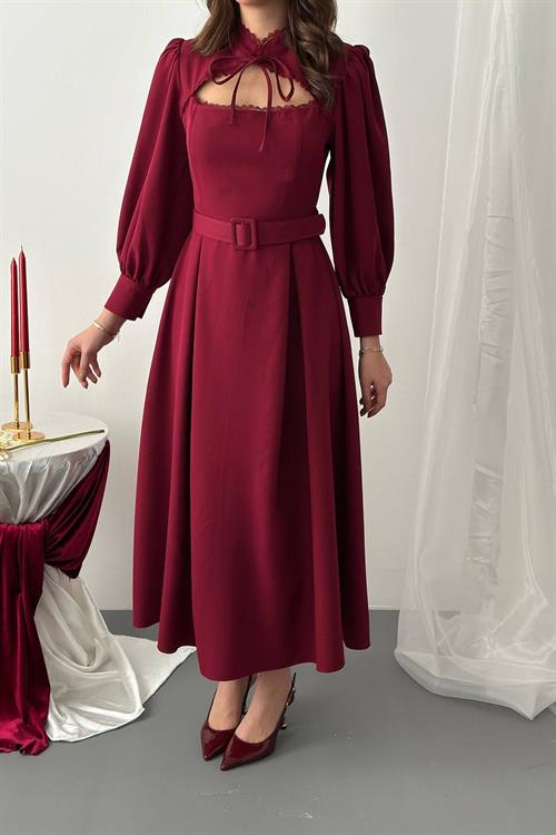 Wholesale Burgundy Dress with Lace Trim