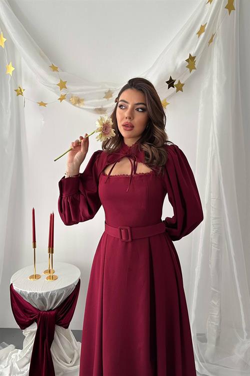 Wholesale Burgundy Dress with Lace Trim