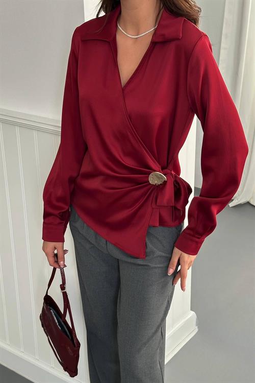 Wholesale Burgundy Satin Blouse with Gold Accessory