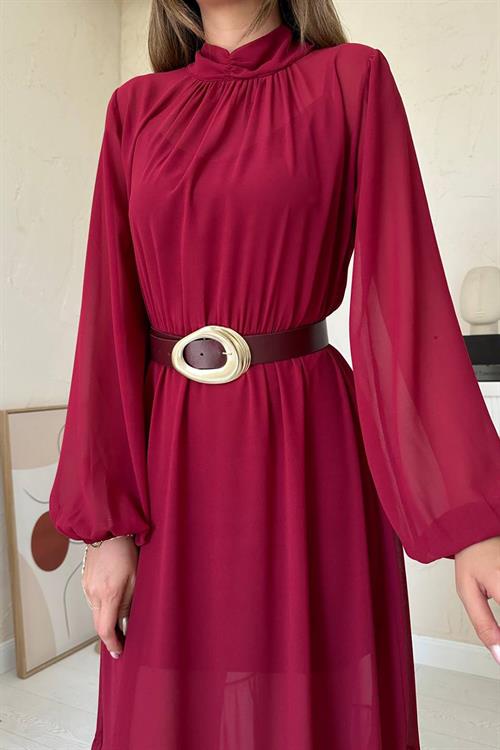 Wholesale Burgundy Ruffled Chiffon Dress
