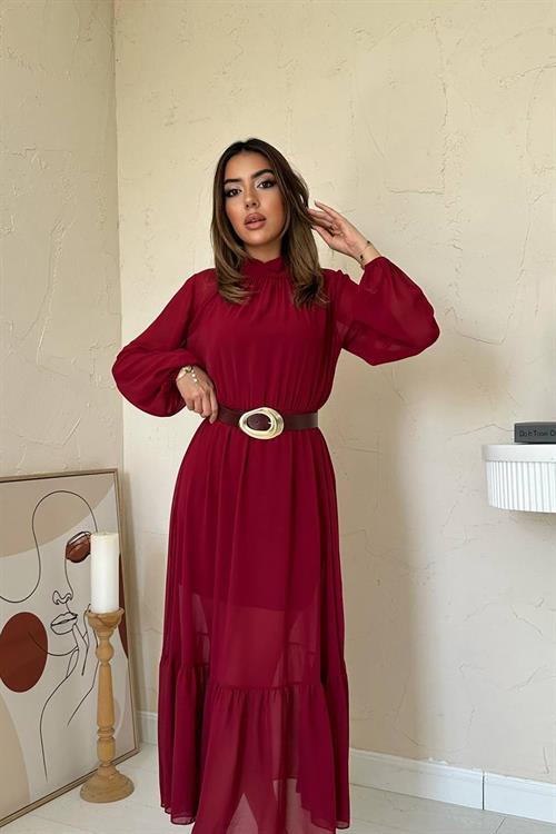 Wholesale Burgundy Ruffled Chiffon Dress