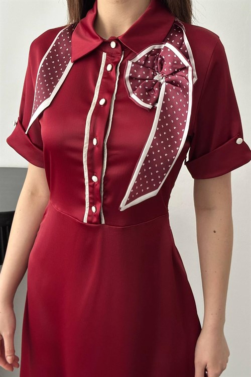 Wholesale Burgundy Satin Dress with Scarf