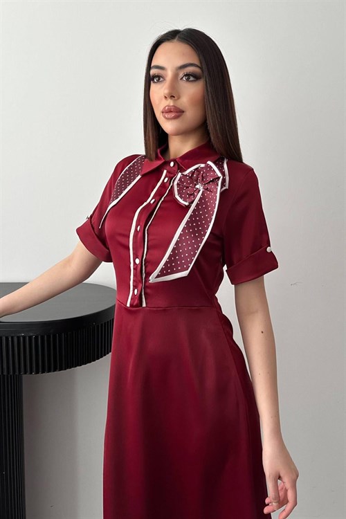 Wholesale Burgundy Satin Dress with Scarf
