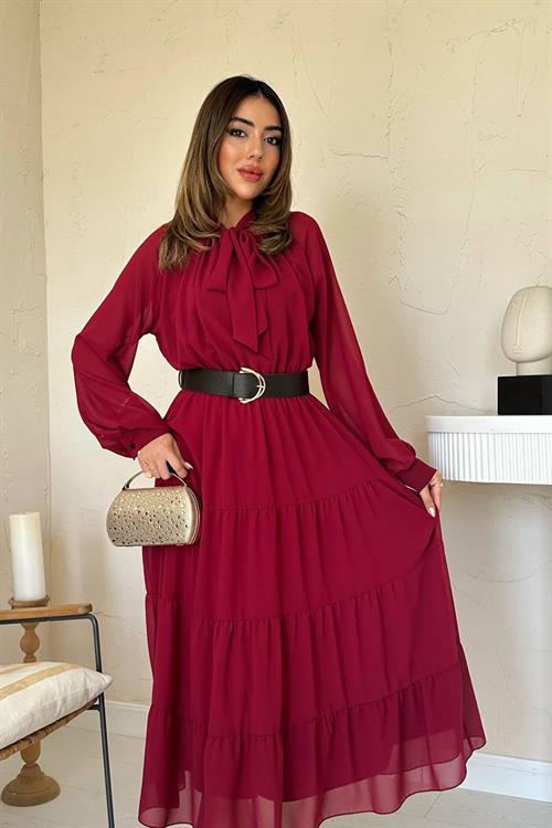 Wholesale Burgundy Tie-Neck Chiffon Dress