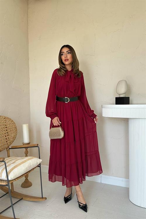 Wholesale Burgundy Tie-Neck Chiffon Dress