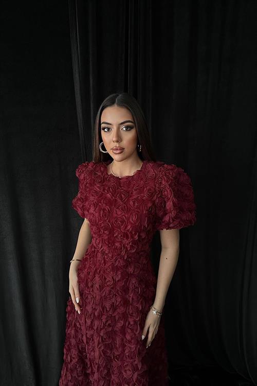 Wholesale Burgundy Dress with Rose Draping