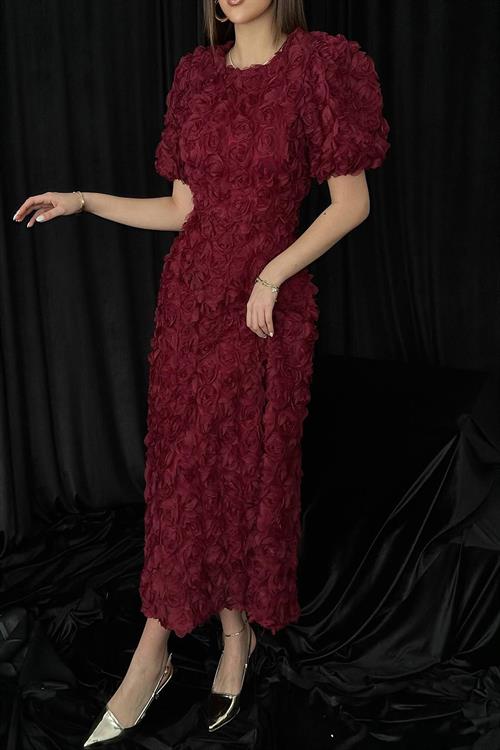 Wholesale Burgundy Dress with Rose Draping