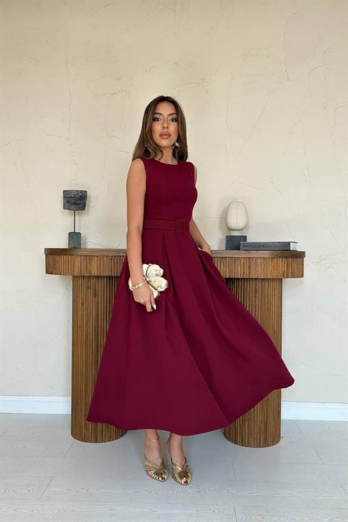 Toptan Bordo Halter Yaka Kloş Elbise