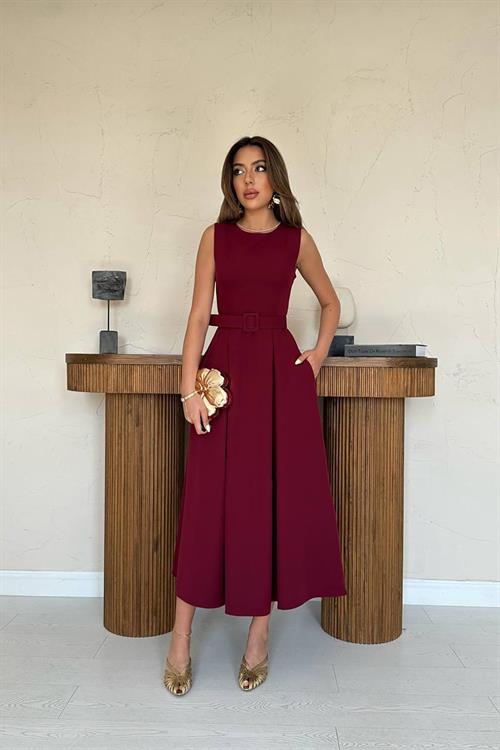 Toptan Bordo Halter Yaka Kloş Elbise