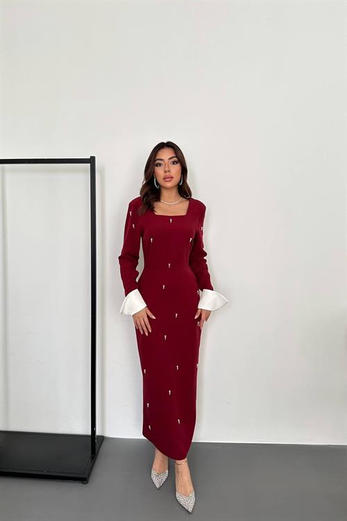 Toptan Bordo İşlemeli Atlas Elbise