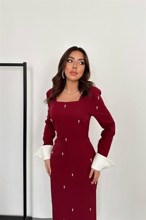 Toptan Bordo İşlemeli Atlas Elbise