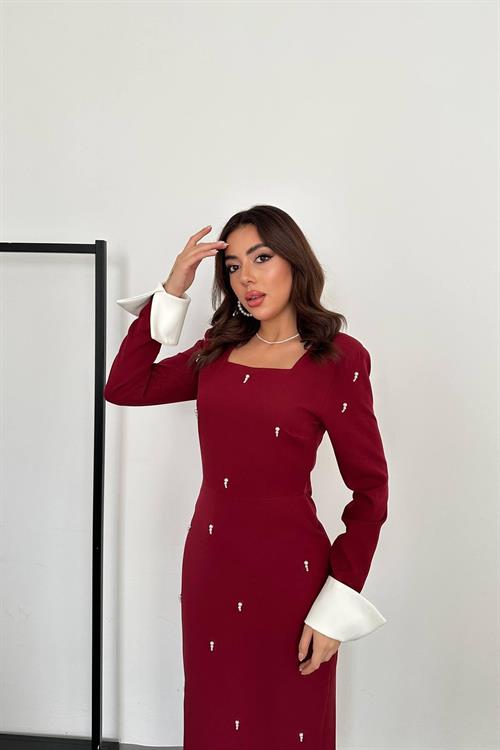 Toptan Bordo İşlemeli Atlas Elbise