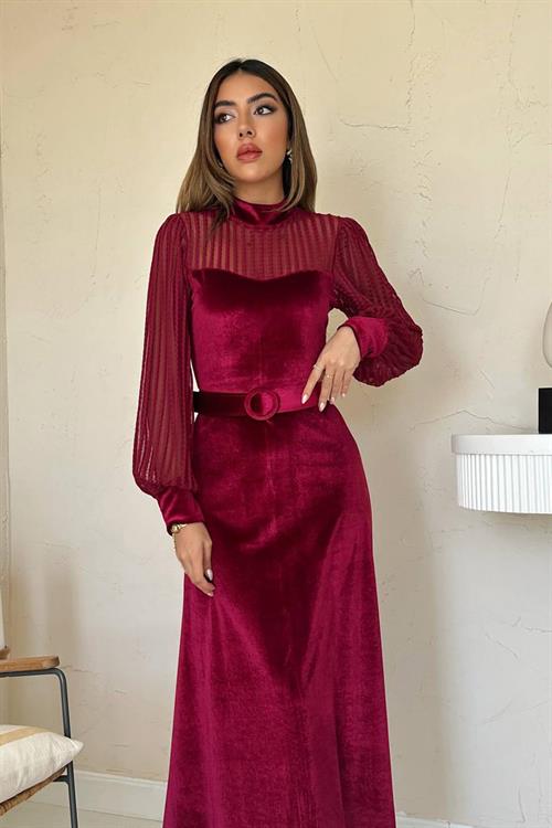 Toptan Bordo Kadife Dantel Detaylı Elbise