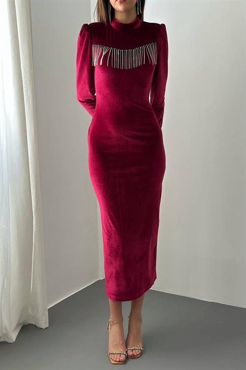 Wholesale Burgundy Velvet Dress with Rhinestone Fringe
