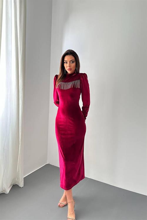 Wholesale Burgundy Velvet Dress with Rhinestone Fringe