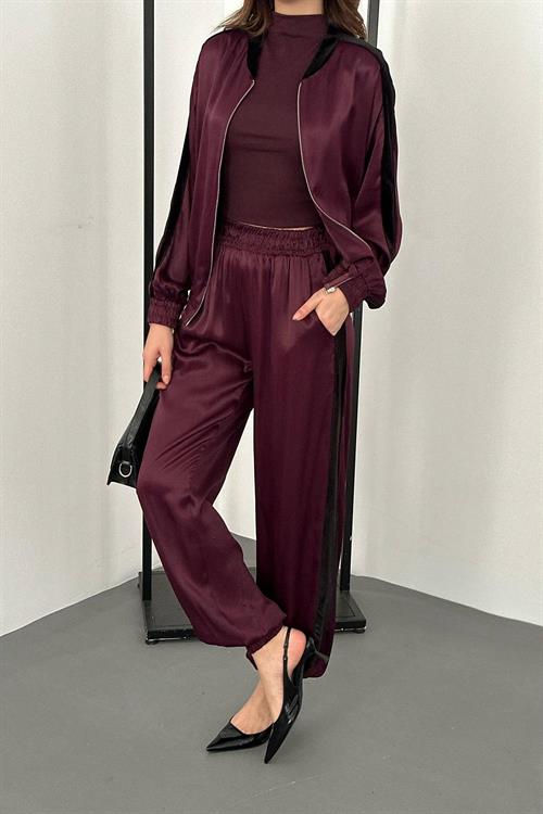 Wholesale Burgundy Satin Tracksuit Set with Velvet Side Stripes