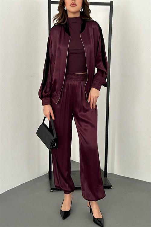 Wholesale Burgundy Satin Tracksuit Set with Velvet Side Stripes