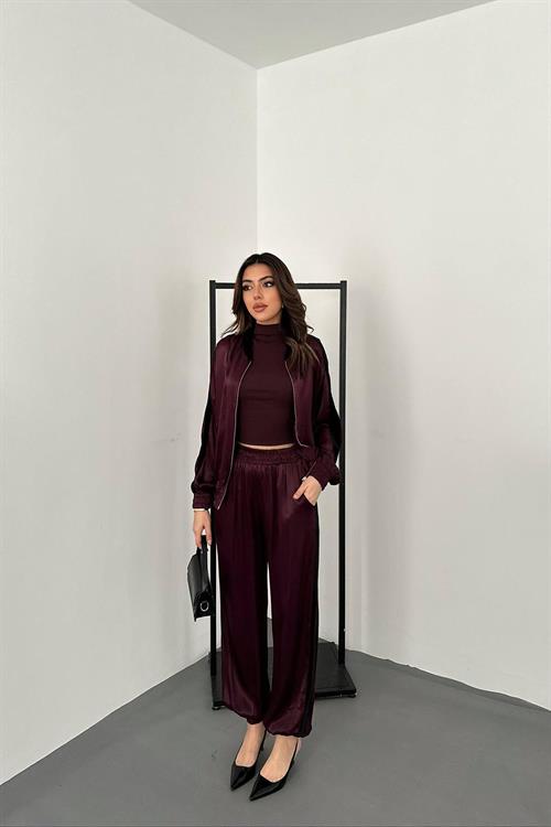 Wholesale Burgundy Satin Tracksuit Set with Velvet Side Stripes
