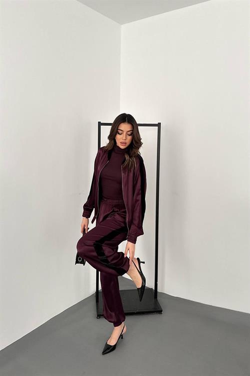 Wholesale Burgundy Satin Tracksuit Set with Velvet Side Stripes