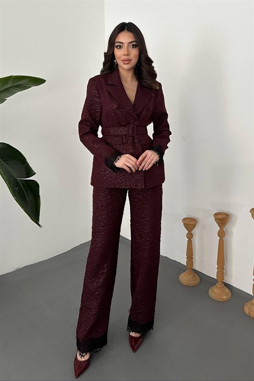 Wholesale Burgundy Sparkly Suit with Lace Trim