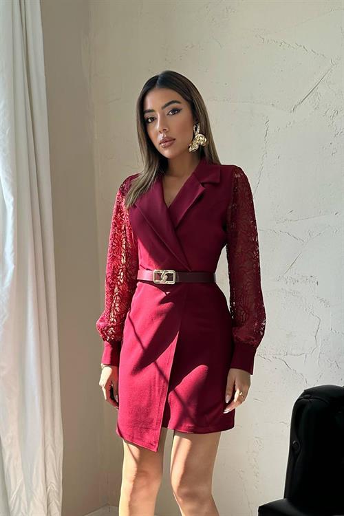 Wholesale Burgundy Dress with Lace Sleeves