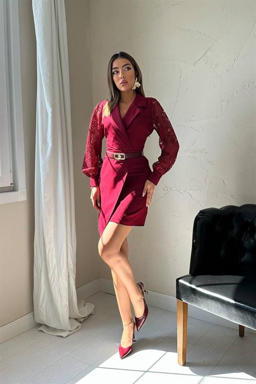 Wholesale Burgundy Dress with Lace Sleeves