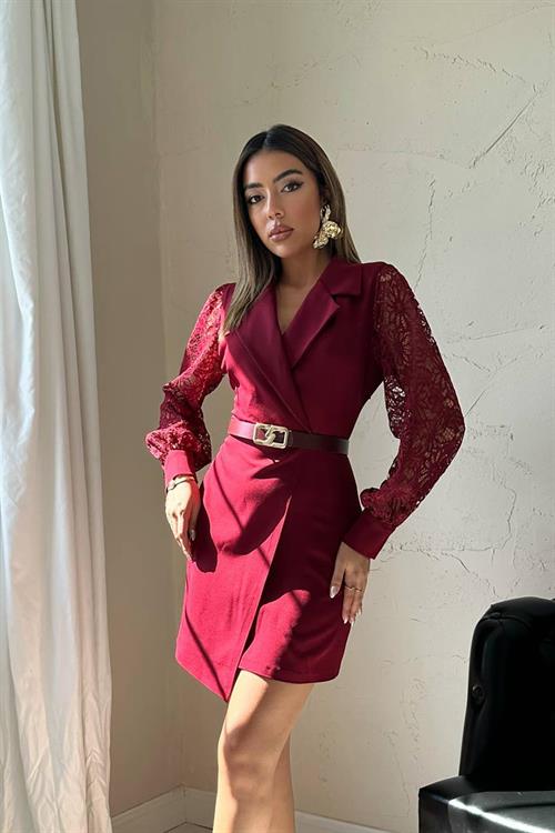 Wholesale Burgundy Dress with Lace Sleeves