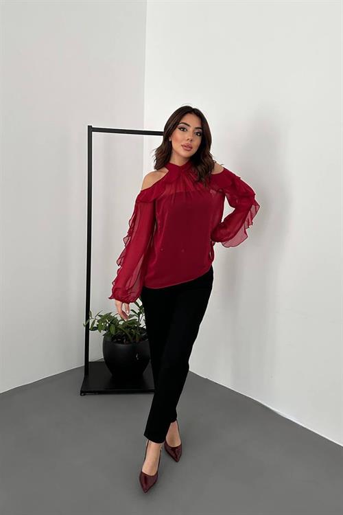 Toptan Bordo Omuzları Açık Bluz