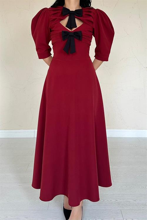 Toptan Bordo Ön Dekolteli Fiyonk Garnili Uzun Elbise