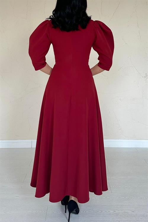 Toptan Bordo Ön Dekolteli Fiyonk Garnili Uzun Elbise