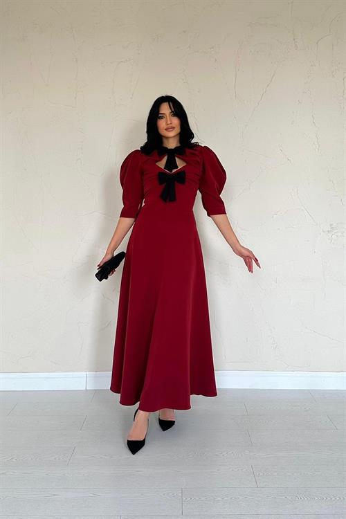 Toptan Bordo Ön Dekolteli Fiyonk Garnili Uzun Elbise