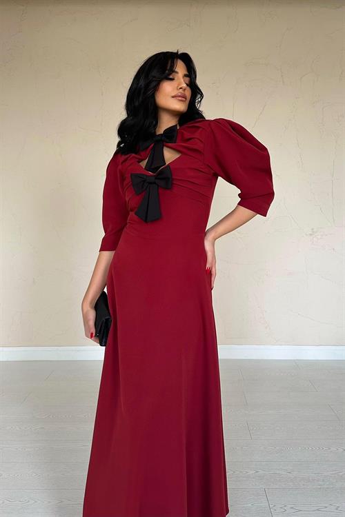 Toptan Bordo Ön Dekolteli Fiyonk Garnili Uzun Elbise