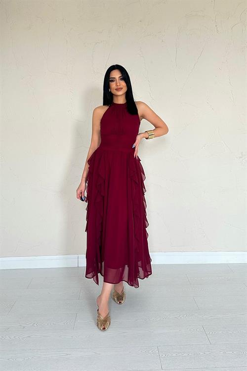 Wholesale Burgundy Frilled Dress