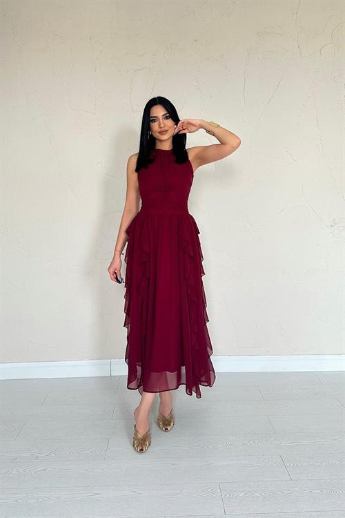 Wholesale Burgundy Frilled Dress