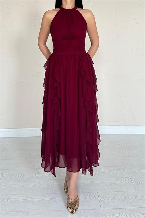 Wholesale Burgundy Frilled Dress