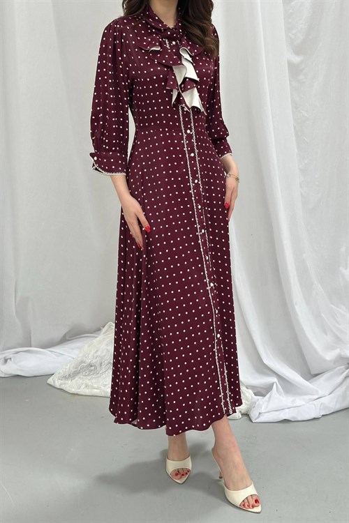 Toptan Bordo Önü Patlı Puantiyeli Elbise