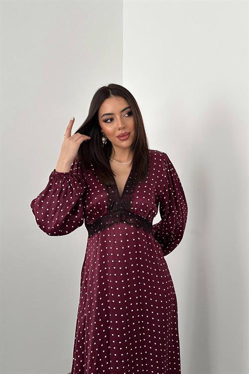 Toptan Bordo Saten Puantiyeli Dantel Detaylı Elbise