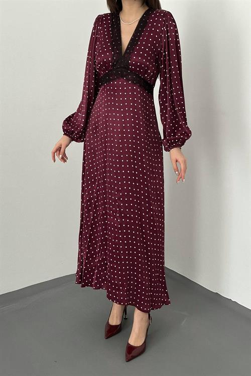 Toptan Bordo Saten Puantiyeli Dantel Detaylı Elbise