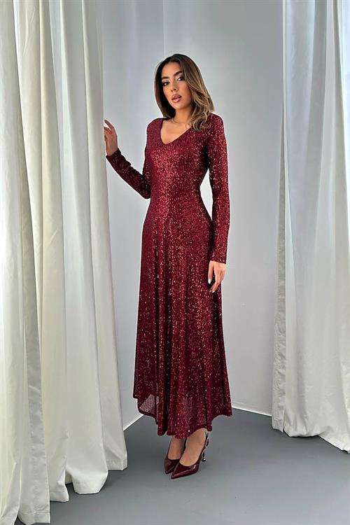 Wholesale Burgundy Backless Sequin Dress