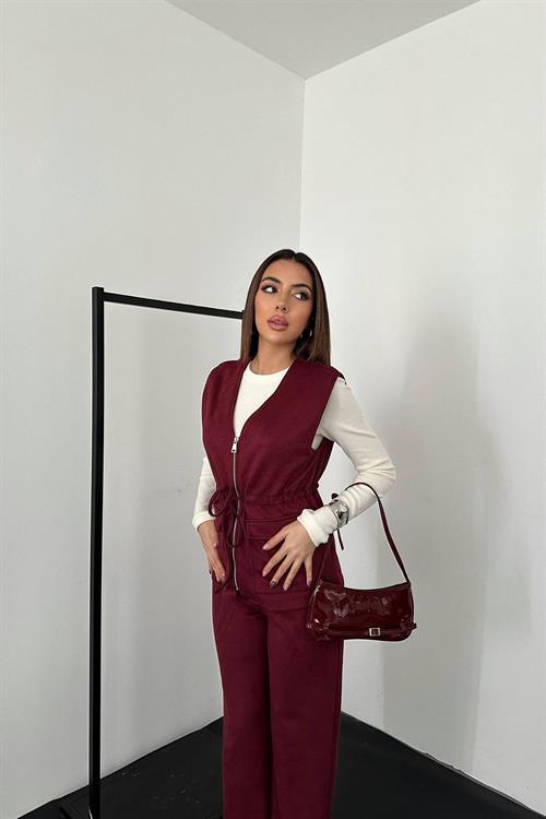 Wholesale Burgundy Suede Vest and Trousers Set
