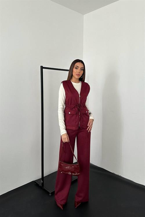 Wholesale Burgundy Suede Vest and Trousers Set