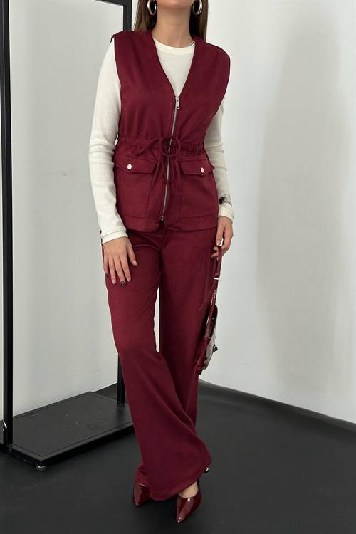 Wholesale Burgundy Suede Vest and Trousers Set
