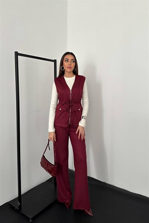 Wholesale Burgundy Suede Vest and Trousers Set
