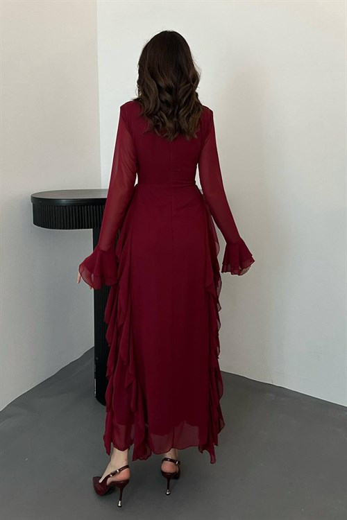 Wholesale Burgundy Ruffled Chiffon Dress