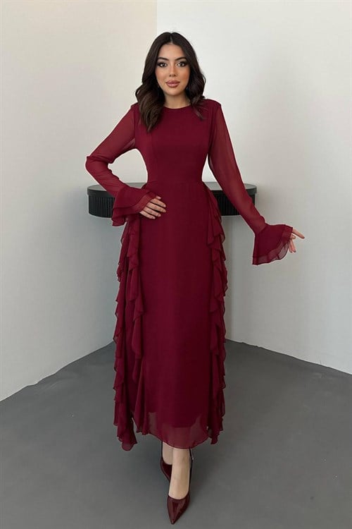 Wholesale Burgundy Ruffled Chiffon Dress
